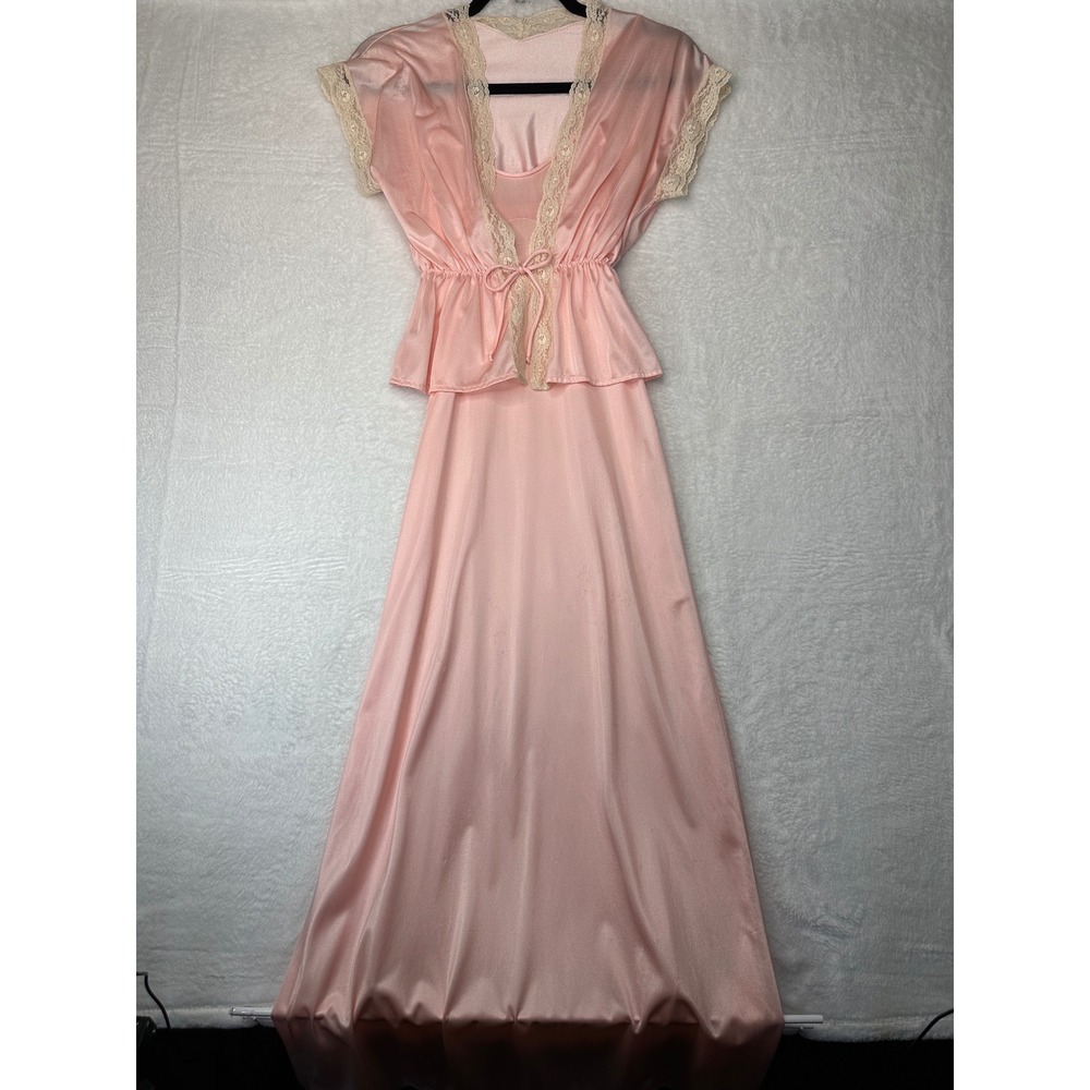 Vintage Nightgown and Robe Set Women Petite Pink Lace Trim Peplum Waist